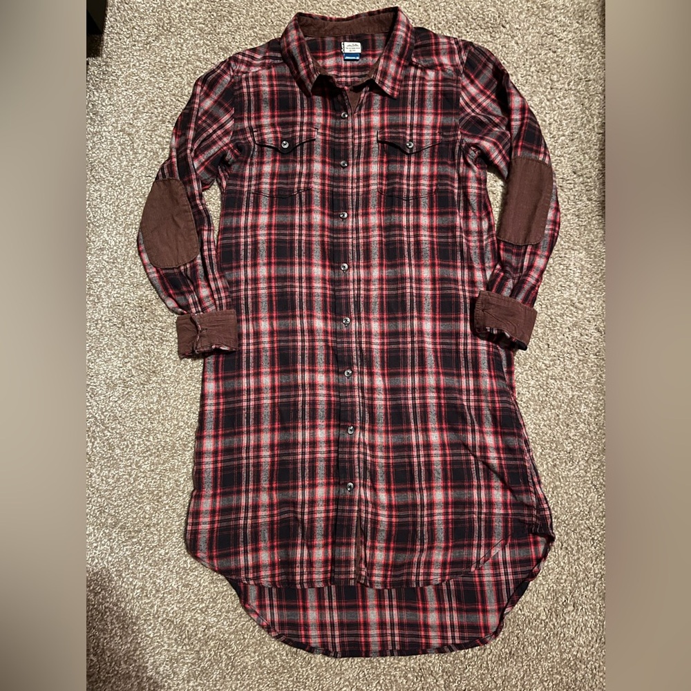 Women’s Kavu Jurnee Flannel Plaid Button Up Dress Medium Black Red Gray